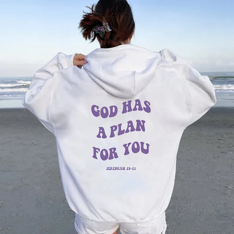 Purple GOD HAS A PLAN FOR YOU Graffiti Hoodies for Women Street Fashion Pullover