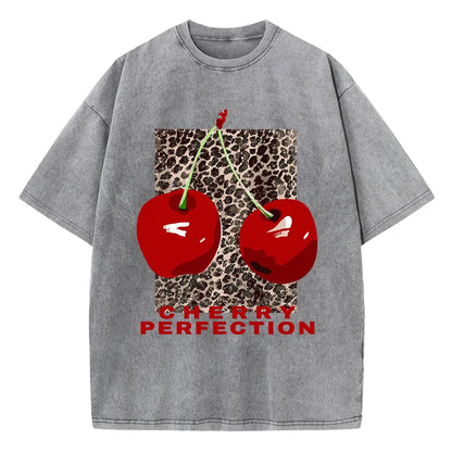 Cherry perfection Washed T Shirt Women Cotton Leopard Prints Oversize
