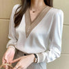 Womens White Chiffon Blouse V Neck Long Sleeve Work Casual Top