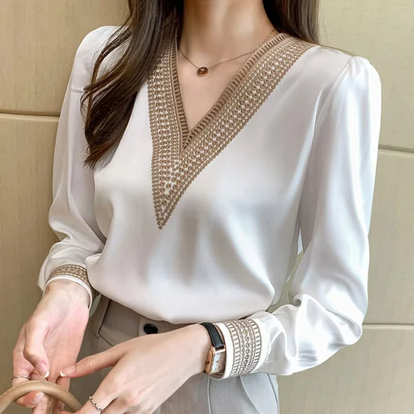 Womens White Chiffon Blouse V Neck Long Sleeve Work Casual Top