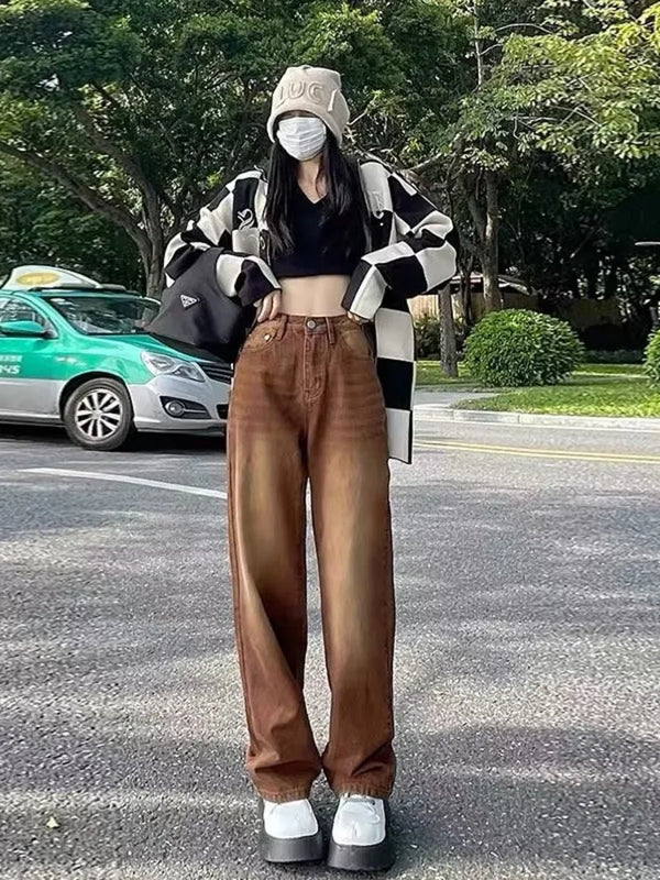 Women's Retro Brown High Waist Wide Leg Jeans Spring Fall