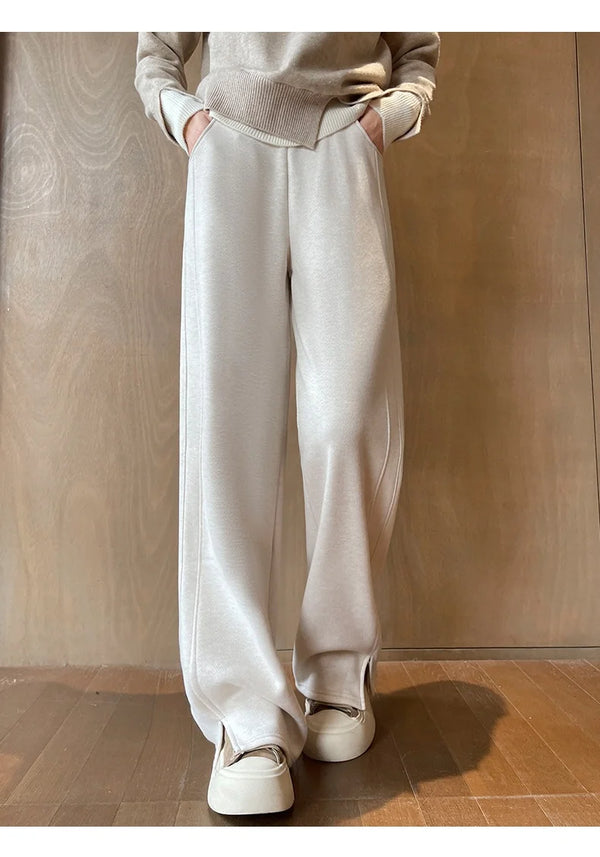 Fleece Lined Wide Leg Pants Women Split Hem Winter Trousers