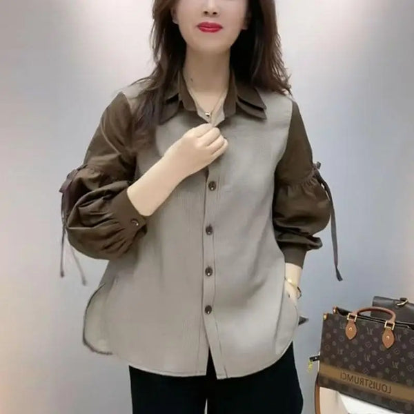 Lace Up Bow Blouse Women Colorblock Button Shirt Long Sleeve Top