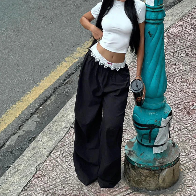 Y2K Lace Patchwork Wide Leg Sweatpants Women