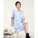 Women Shirt Dress Short Sleeve with Buttons H shape Loose Embroidery Preppy Style - xinnzy