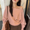 Womens One Shoulder Knit Sweater Lantern Sleeve Oversized Fit Top