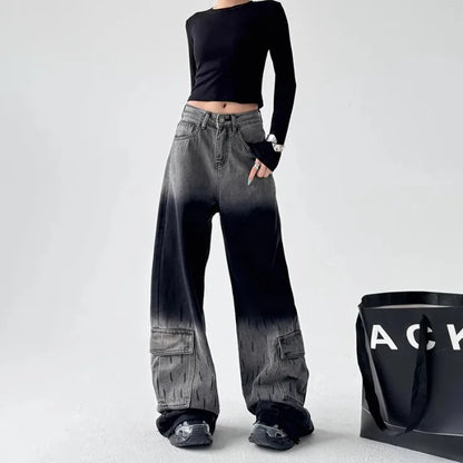 Women's Gradient Gray Wide Leg Jeans High Waisted Straight Cargo Denim
