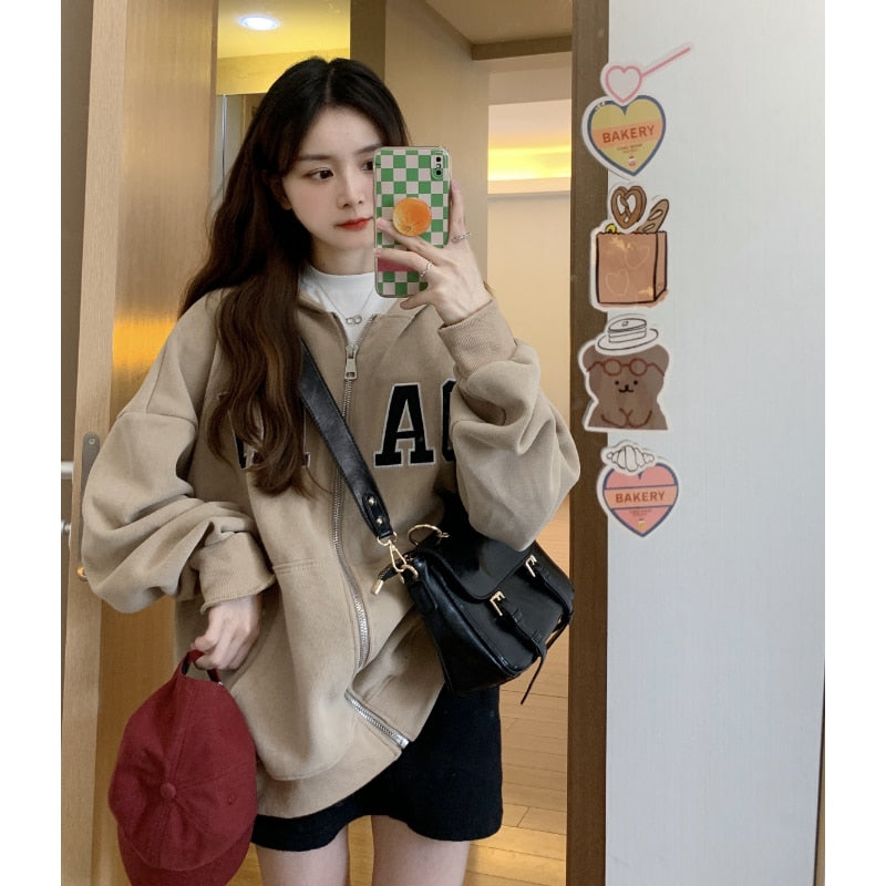 Hoodie Women Kpop Oversize Zip Sweatshirt Streetwear Casual Vintage