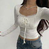 Ruched Tie Lace Trim Collar Slim Long Sleeve White Y2K