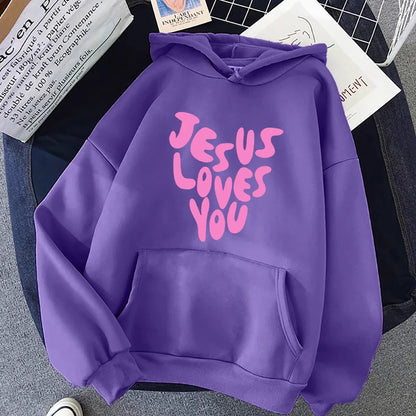 Jesus Loves You Letter Funny Prints Hoodies Women Fleece Pocket
