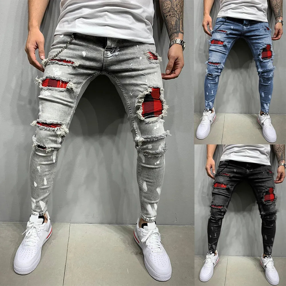 Streetwear Paneled Ripped Casual Denim Pants Popular Zipper