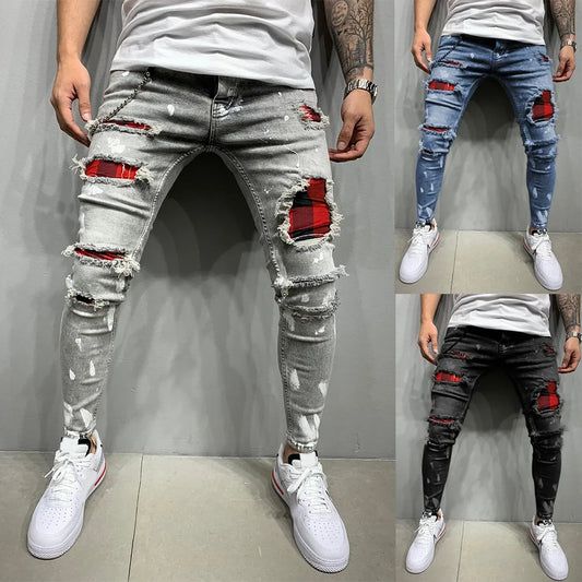 Streetwear Paneled Ripped Casual Denim Pants Popular Zipper