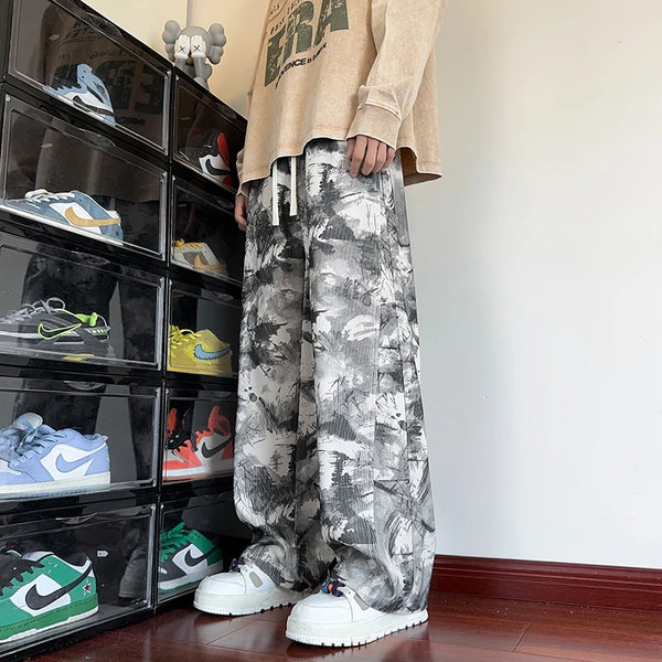 Mens Tie Dye Pants Korean Streetwear Wide Leg Black Casual Trousers