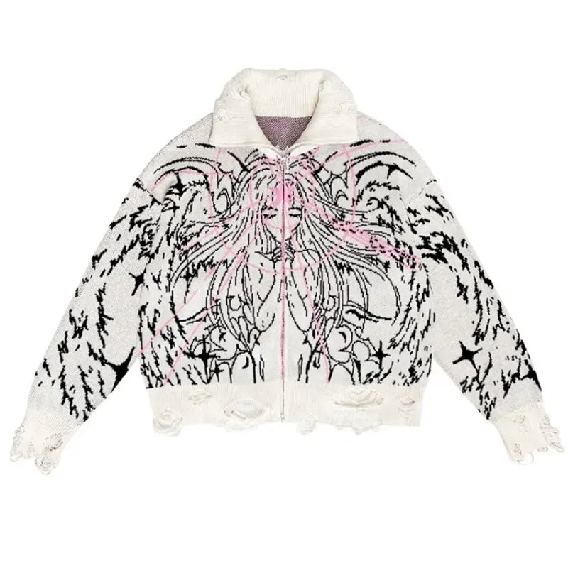 Y2K Angel Cartoon Print Zipper Cardigan High Street Knit Sweater