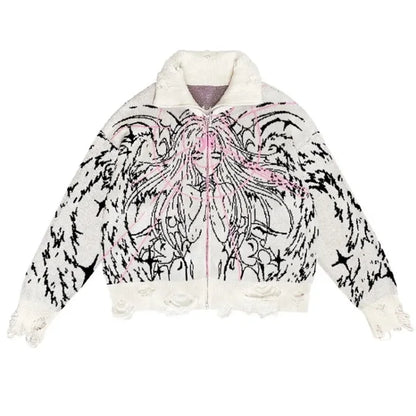 Y2K Angel Cartoon Print Zipper Cardigan High Street Knit Sweater