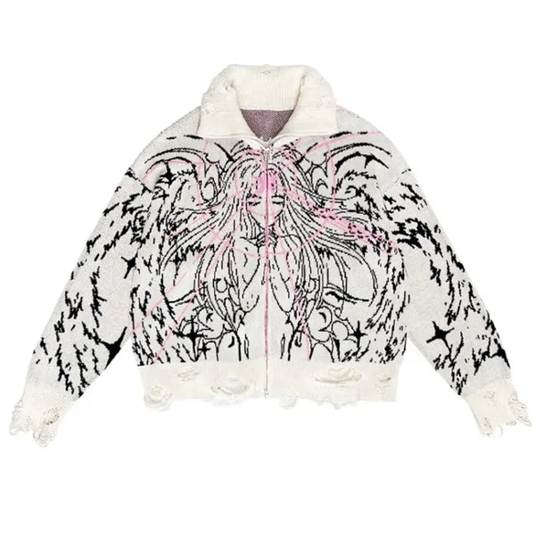 Y2K Angel Cartoon Print Zipper Cardigan High Street Knit Sweater