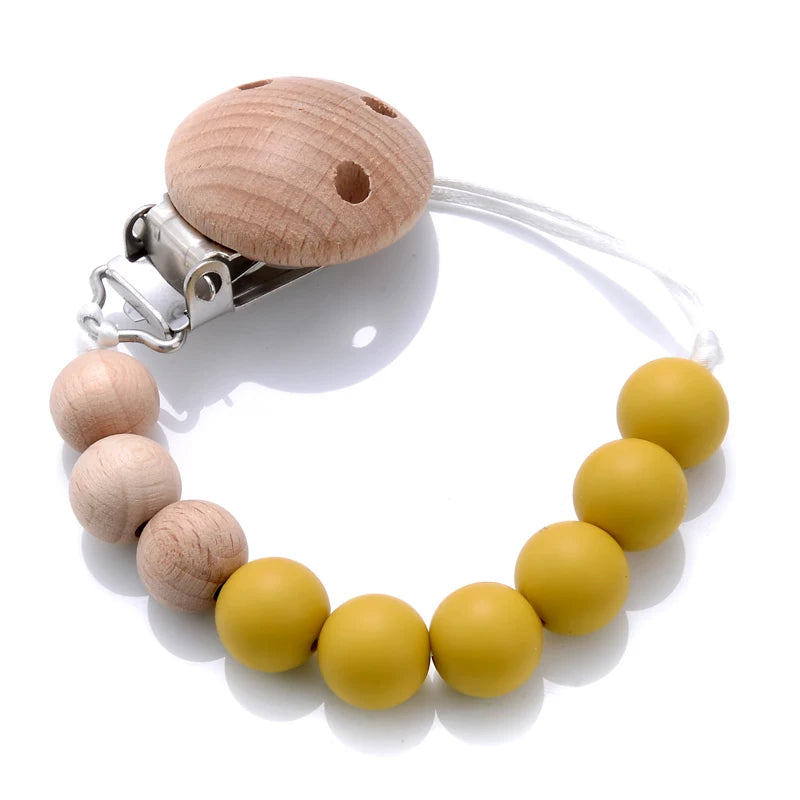 Wooden Pacifier Clip Silicone Beads Baby Teether Toy