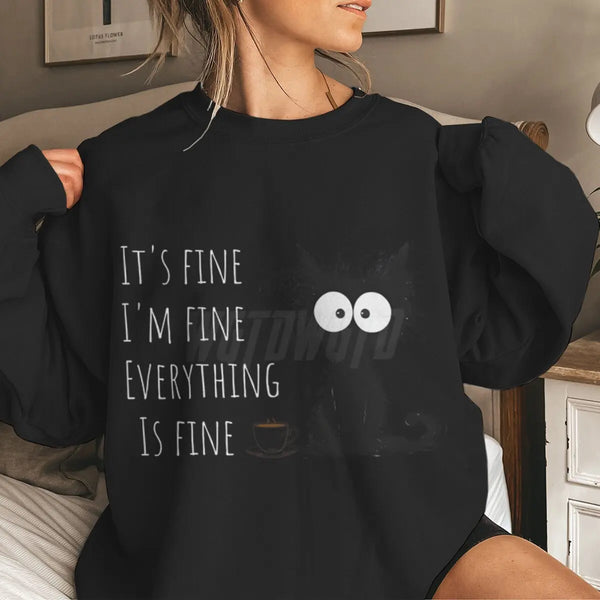 Funny Black Cat Hoodie ‘It’s Fine I’m Fine’ Kawaii Sweatshirt for Women