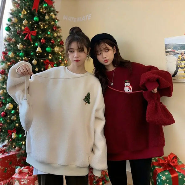 Womens Christmas Embroidered Fleece Hoodie Oversized with Bag