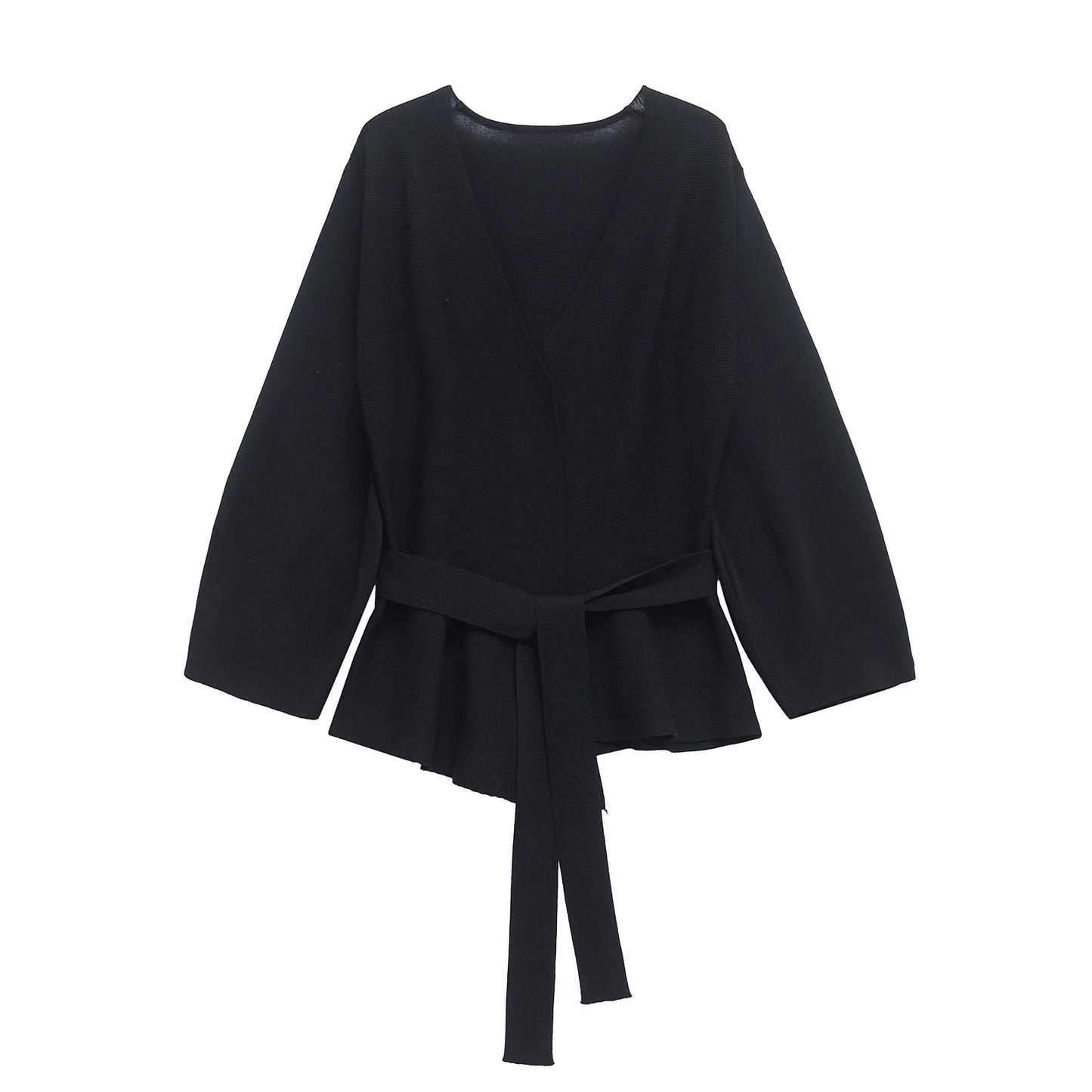 Women's Knit Blazer - Shoulder Pad Belted V-Neck Jacket