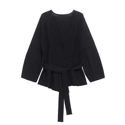 Women's Knit Blazer - Shoulder Pad Belted V-Neck Jacket