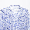 Blue White Floral Blouse Women Ruffled Long Sleeve Elegant Top
