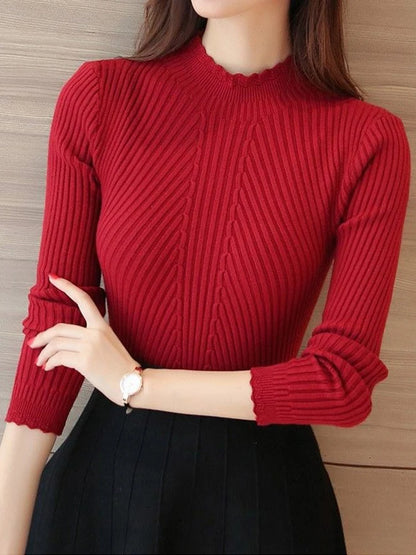 Autumn Women Mock Neck Ruffles Sweater Long Sleeve Knitted
