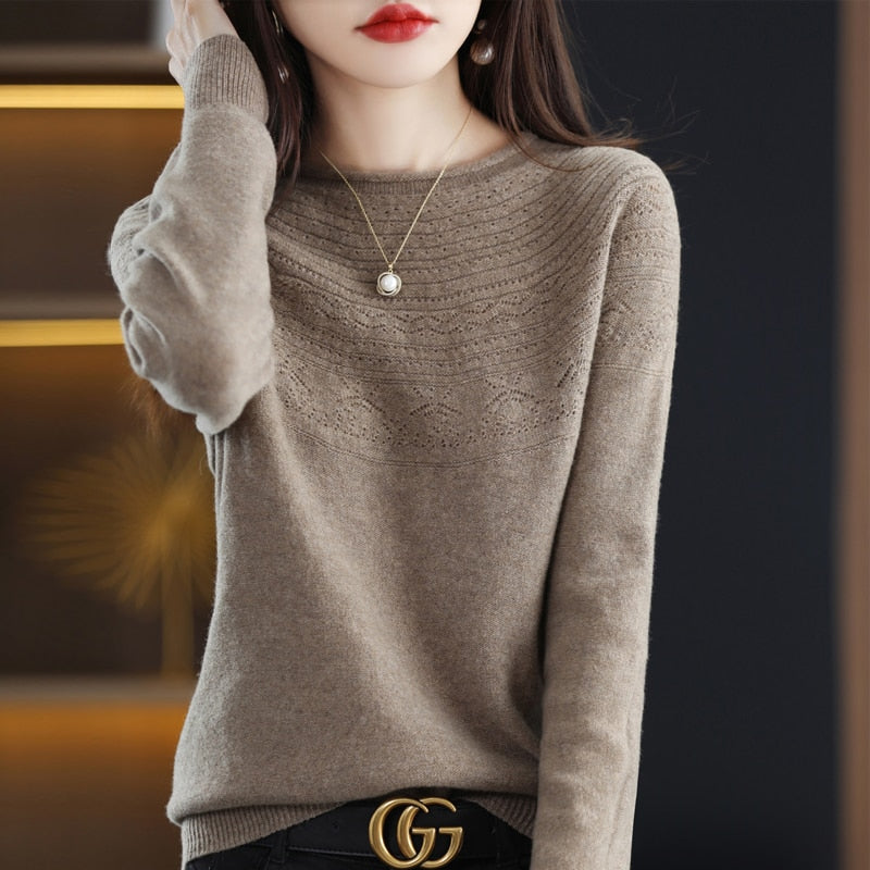 Autumn Winter New Seamless One-Line Pullover WooL Round S Neck UpperBody Hollow - xinnzy