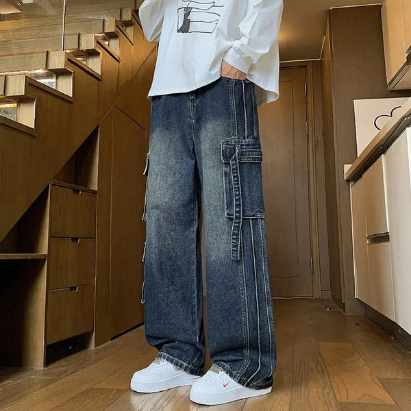 Mens Cargo Pocket Jeans Wide Leg Baggy Hip Hop Streetwear Dance Fit