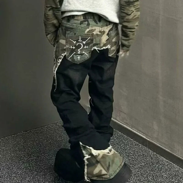 Y2K Camo Patchwork Jeans Unisex Baggy Hip Hop Vintage Denim