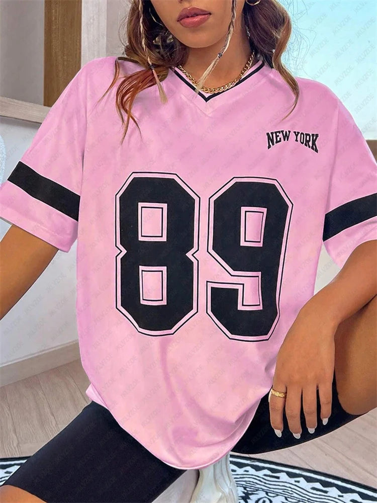 New York 89 Graphic Tee - Women's Harajuku V-Neck Top