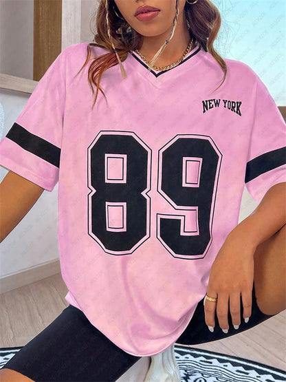 New York 89 Graphic Tee - Women's Harajuku V-Neck Top
