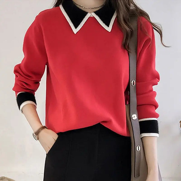 Womens Peter Pan Collar Sweater Color Block Pullover Knit Fall Top