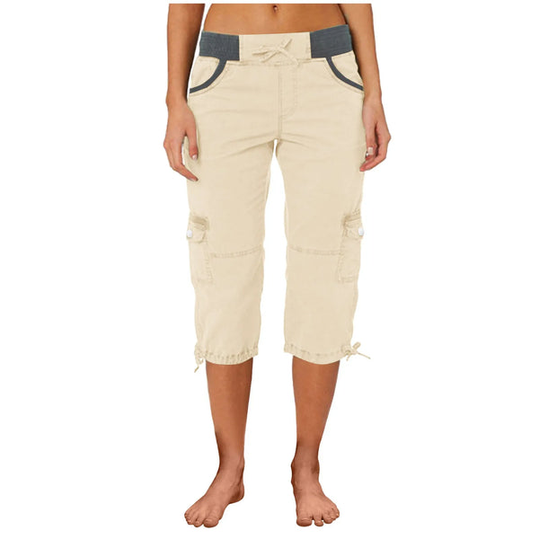 Women Cargo Capris Summer Soild Casual Pants With Pocket Drawstring