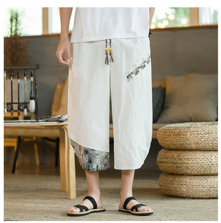 Japanese Cotton Linen Harem Pants Cropped for Men Casual Elastic Waist