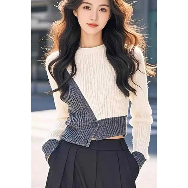 Womens Color Block Knit Pullover Button Front O Neck Office Top