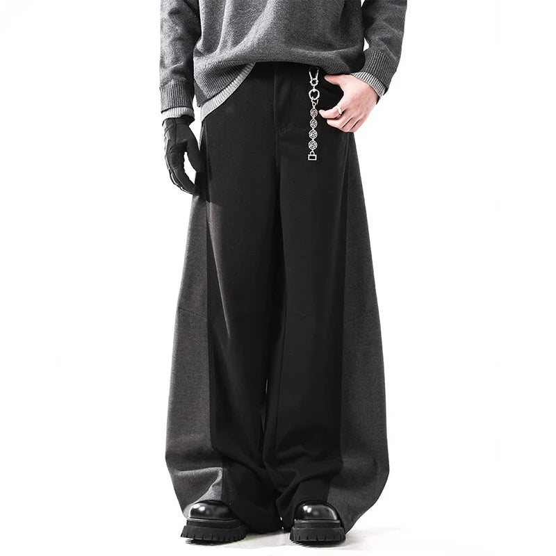 Mens Wool Pants Contrast Patchwork Wide Leg Straight Fit Trousers