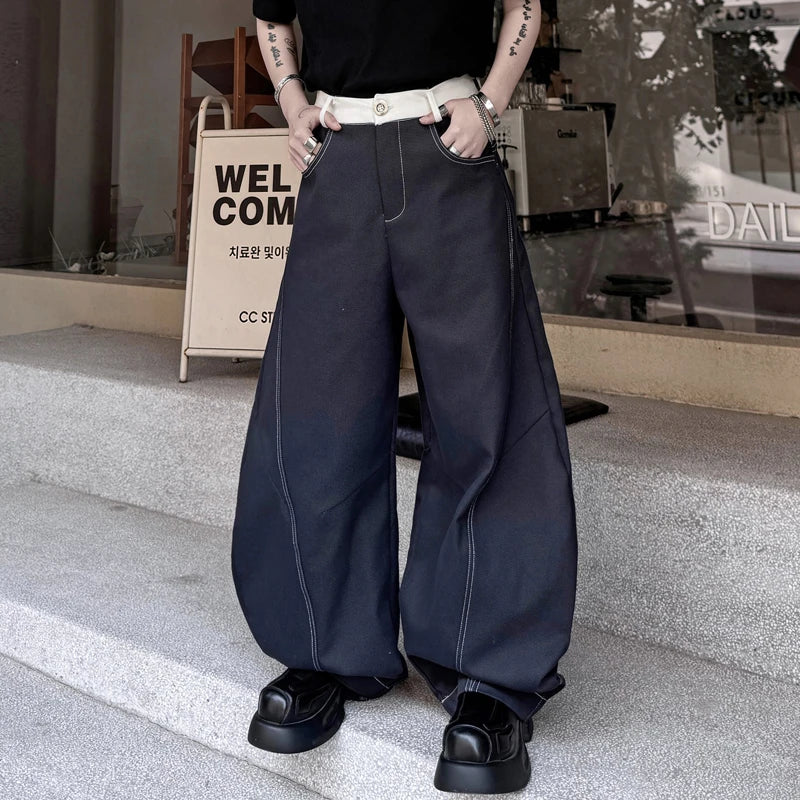 Men's Patchwork Jeans Summer Loose Wide Leg Contrast Stitch