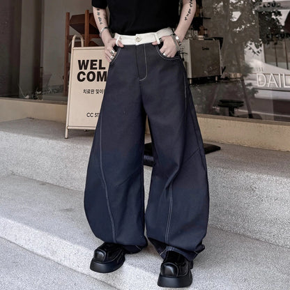 Men's Patchwork Jeans Summer Loose Wide Leg Contrast Stitch