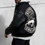 Hip Hop Chic Skeleton Dog Embroidered Leather Sleeve Jacket for Men