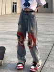 Retro Streetwear Flame Print Jeans Y2k