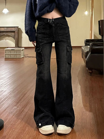 Women's Y2K Vintage Black Flared Jeans Streetwear