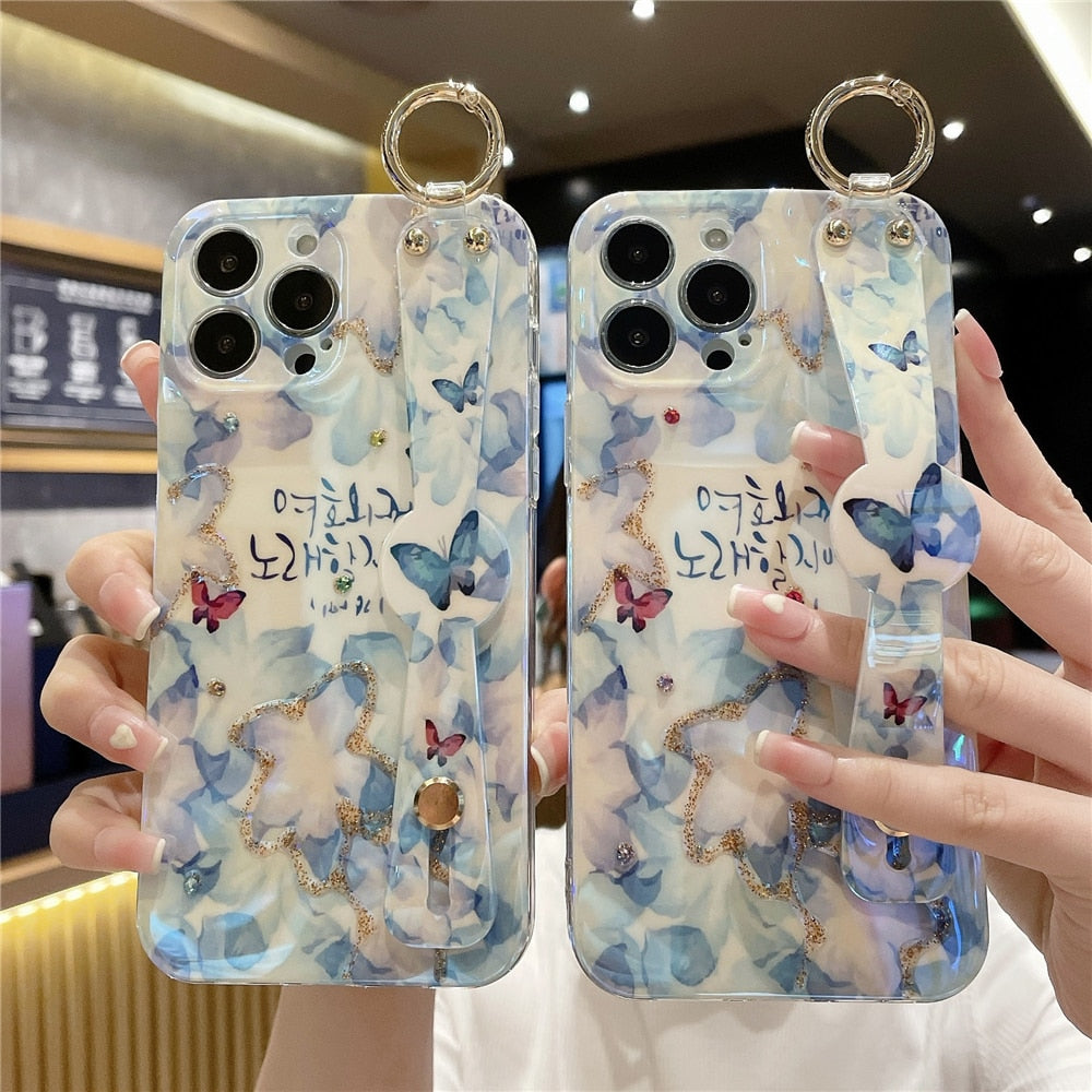 Oil Painting Flower Wirst Strap Holder Phone Case For iPhone Protection Cover