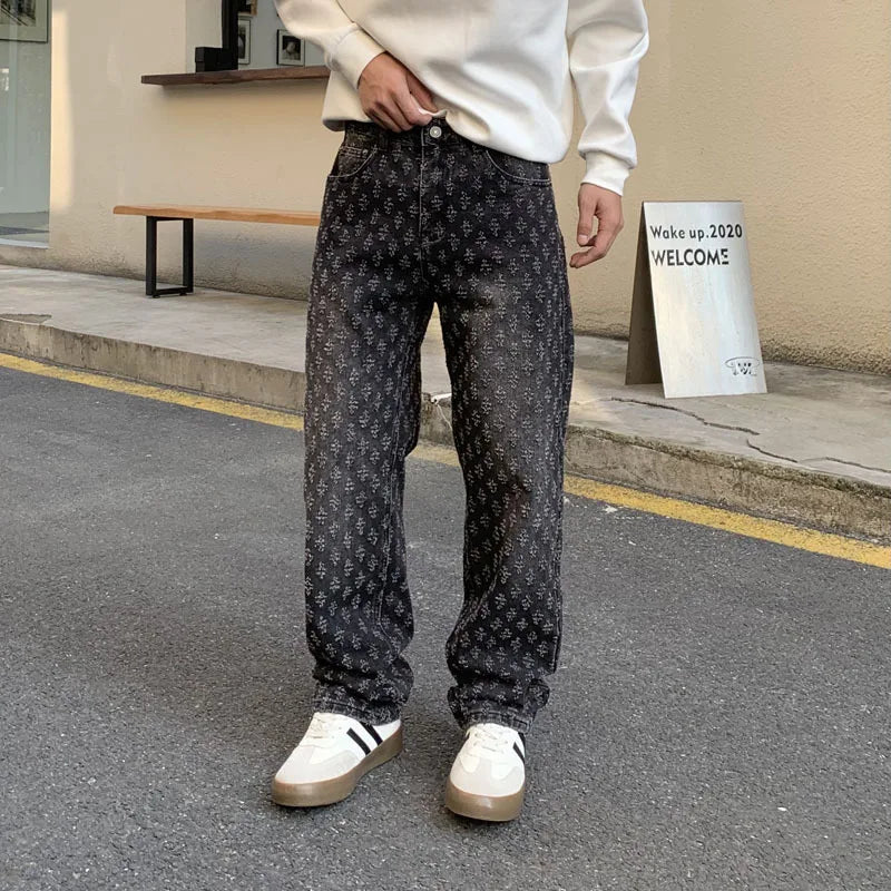 American Style Red Jeans Men's Street Fashion Loose Embroidery Wide Leg