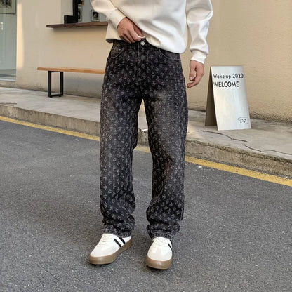 American Style Red Jeans Men's Street Fashion Loose Embroidery Wide Leg