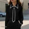 Bow Tie Blouse Women Long Sleeve Office Contrast Trim Work Shirt