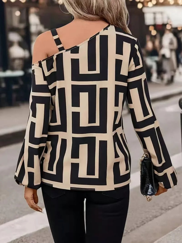 Off Shoulder Geometric Print Blouse Women Long Sleeve Hoodie Top