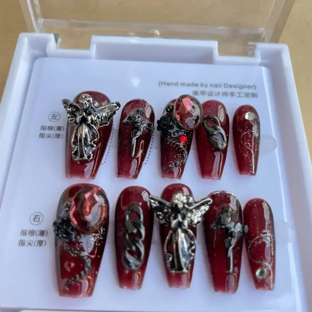 Vintage Angel Gothic Nail Burgundy and Black Fashion Punk Cool Nail