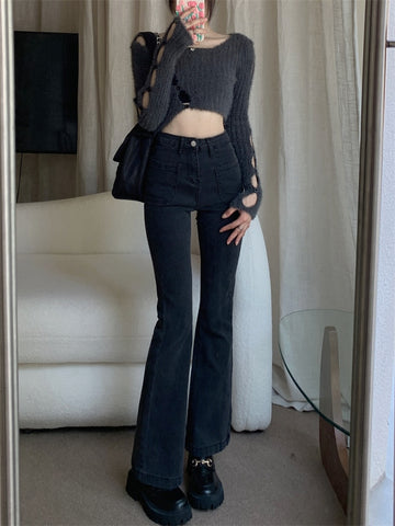 Schicke schwarze Flare-Jeans mit hoher Taille für Damen, Herbst-Korean-Mode