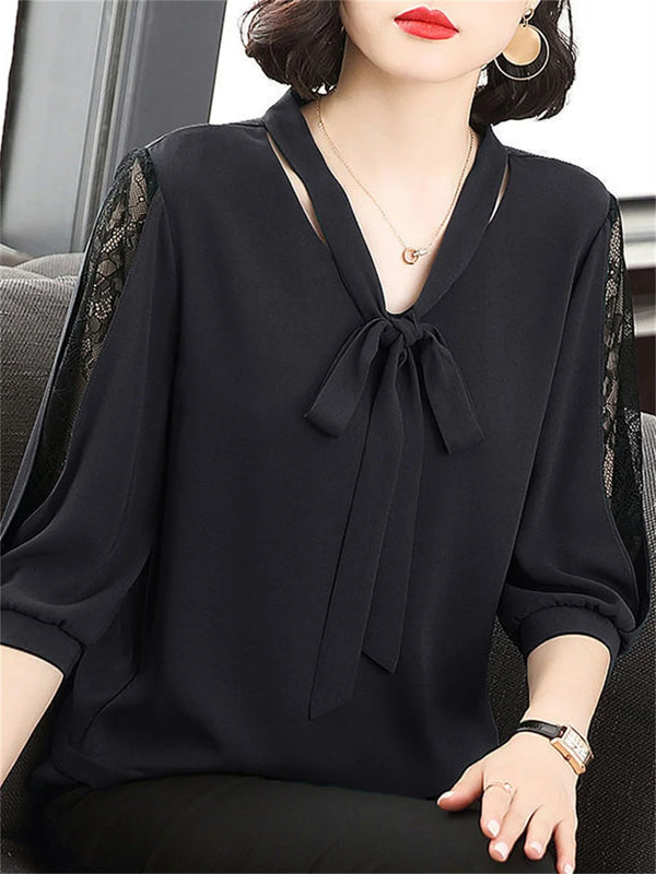 Bow Tie Collar Blouse Women Lace Sleeve Loose Spring Top